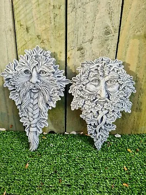 Pair Green Man Tree Face Hanging Plaque Outdoor Garden Ornaments • £21.99