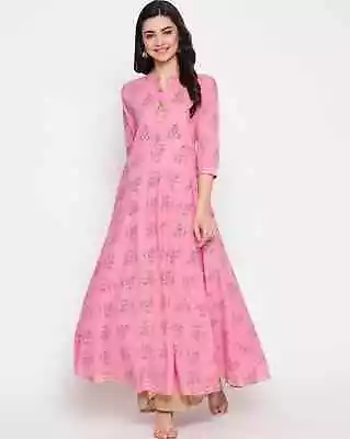 Indian Women Pink Cotton Floral Printed A-Line Flared Kurta Kurti New Long Dress • $38.27