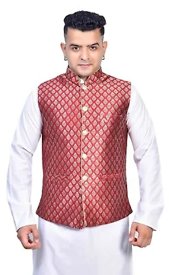 Men's Brocade Printed Asian Bollywood Wedding Waistcoat Jacket Only 1028 UK • £39