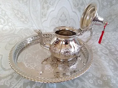 Set Of Brass Moroccan Teapot 750 Ml For 7 Tea Cups And Its Matching Tray 12” D • $139