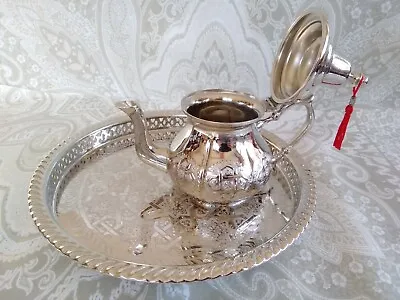 Set Of Silver Plated Moroccan Teapot 1 Liter 9 Tea Cups & Its Matching Tray 16” • $149