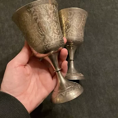 2 Vintage Etched Chalice Goblets Cup Silver Plate Brass India 6’’ • $24