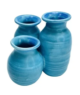 Foxlo Pottery Blue 3 Fused Mini Vases Hand Thrown Matte Stoneware Garney Signed • $39.99