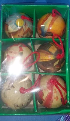 Vintage Christmas Ornament Paper Mache Balls  Set Of 6 Original Box • $9.99