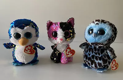 Ty Beanie Boos X3 Lot Cat Malibu Penguin Payton Owl Yago Plush With Tags • $29.90