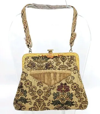 Darling Antique Or Vintage Rug Tapastry Purse Bag W Enamel Frame & Rhinestones  • $48.95