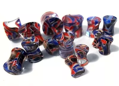 PAIR-Marble Red/Blue Acrylic Double Flare Ear Plugs 10mm/00 Gauge Body Jewelry • $8.99