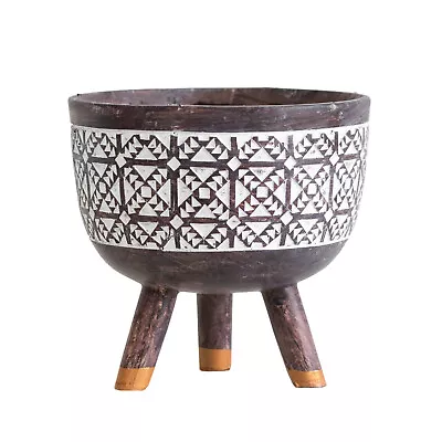 Tribal Plant Pot Brown & White Resin Tripod Design Flower Pot Planter 12cm Small • £11