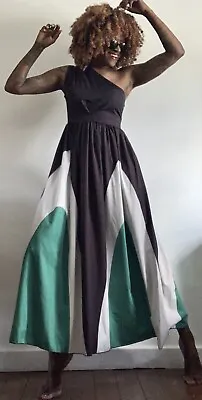 Colour Block One Shoulder Cream Green Black Long Maxi Empire Waist Dress Size:m • £19