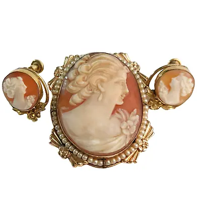 RARE Vintage Van Dell 12k Gold Filled Shell Cameo Pearl Pendant Brooch & Earring • $269.95