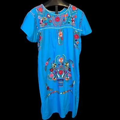 Vintage Embroidered Mexican Floral Fiesta Dress Sz L /  XL Blue Midi Muumuu • £22.19