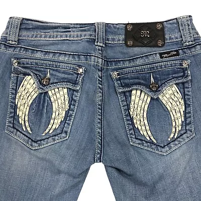 Miss Me Boot Cut Jeans Women’s Size 31 31X34.5 Blue Embellished Wings Distress • $39.95