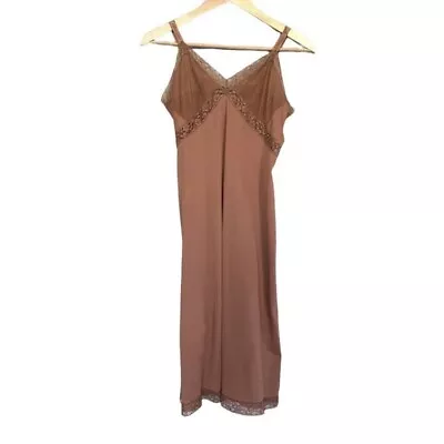 Vintage 60s Munsingwear  Brown Full Slip Lace Trim Accordion Fold Lingerie 34 • $40