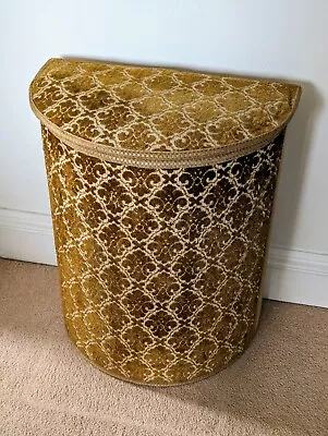 Vtg 60s Gold Damask Jacquard Velvet Linen Laundry Bin Wash Basket Storage Stool • £20