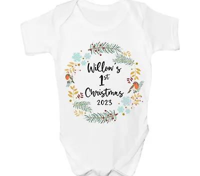 Personalised First Christmas Baby Grow 1st Xmas Vest Wreath Sleepsuit Cute Gift • £6.99