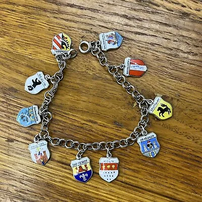 Vintage 925 Silver European Travel Germany 10 Enamel Shield Charms Bracelet • $69.99