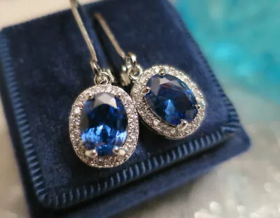 Vintage Art Deco Design Jewellery White Gold Ceylon Blue Sapphire Drop Earrings • $26.95