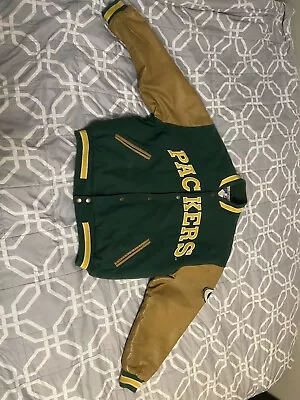 Vintage Green Bay Packers Starter Jacket Large Leather Sleeves • $19.50
