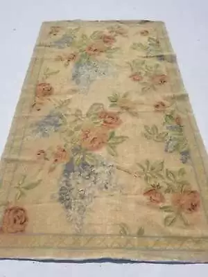 Vintage French Needle Point Handmade Floral Beige Wool Rug Carpet 143x83cm • £175