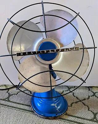 Vintage 1950's Bright Blue Westinghouse Retro Art Deco Oscillating Fan Works • $99