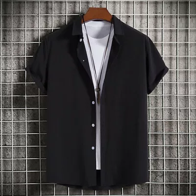 Men Short Sleeve Shirts Beach Casual Linen Style Button Down Formal Dress Shirt • $17.19