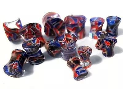 PAIR-Marble Red/Blue Acrylic Double Flare Ear Plugs 14mm/9/16  Gauge Body Jew • $8.99