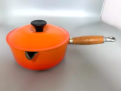 Vintage Le Creuset 18 Volcanic Orange Cast Iron Saucepan TEAK Handle 1980's • £31.70