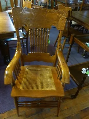 Antique Oak Press Back Arm Chair Larkin Style Cane Seat Refurbished 1900's • $375