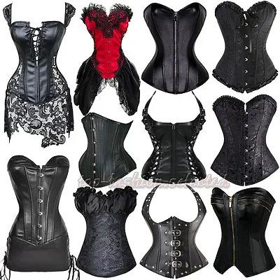 Sexy Black Boned Steampunk Corsets And Basques Top Waist Gothic Bustier Dress UK • £21.79