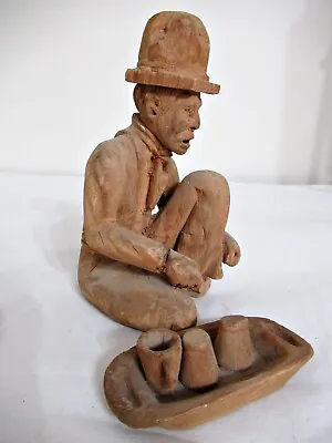 Antique Old Mexican Hand-carved Wood Figure Statue Seated Peasant W/mugs Dish • $33.50
