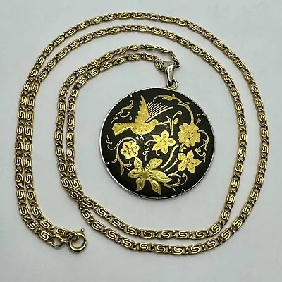 Vintage Damascene Bird Dove Floral Pendant Black Gilded Scene Gold Tone Black • $24.99