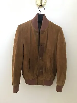 $95 • Buy Vintage Calfskin Suede Leather Bomber Jacket Cognac ~ Made In Italy ~ Mens Small
