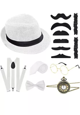 ELECLAND 10 Pieces 1920s Men Costume Accessories Set Roaring Retro White • £9.99