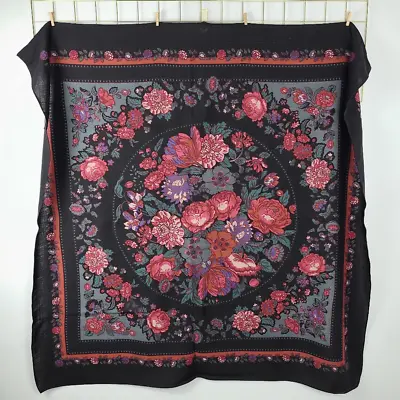 Laura Ashley Womens Scarf Black Pink Floral Large Wool Vintage • $25