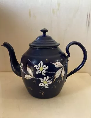 Vintage Blue Enamelware Kettle Coffee Tea Pot 6” Flowers Daisy Farmhouse Decor • £23.70