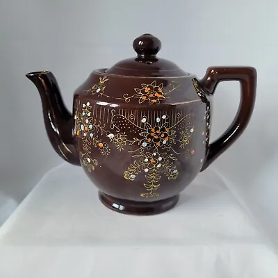Vintage Brown Glaze Enamel Moriage Hand Painted Teapot Red Clay Made In Japan • $12.95