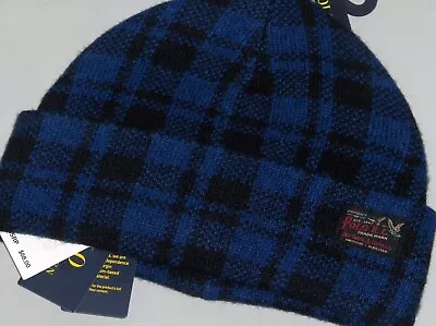 POLO RALPH LAUREN Men's Wool Brushed Plaid Beanie Hat Cap RL Label BLACK BLUE • $55.96