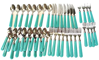 RETRO STAINLESS STEEL 48 Pc FLATWARE SET PLASTIC TURQUOISE HANDLES • $39.99