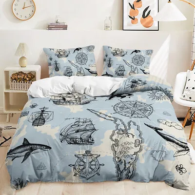 Striped Ocean Blue Anchor Boat Sea Whale Dolphin Doona Duvet Quilt Cover Bed Set • £27.48