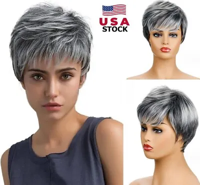 Womens Short Grey Wig Layered Pixie Hair Wig Synthetic Heat Resistant Daily Gift • $10.88