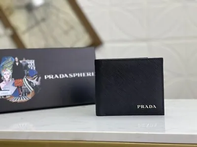 Prada Saffiano Leather Metal Lettering Logo Bifold Wallet Black With Men • $152