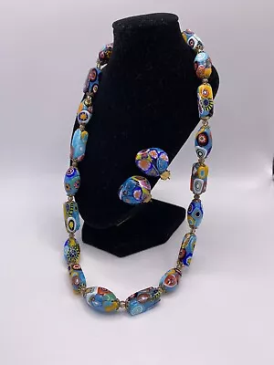 Vintage Murano Venetian Millefiori Necklace & Clip On Earrings • £38