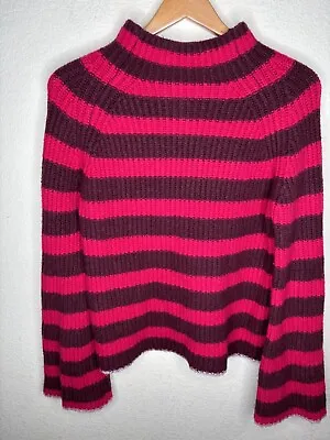 Maeve Pink Purple Striped Mock Neck Bell Sleeve Knit Sweater Wool Yak Sz M • $28.80