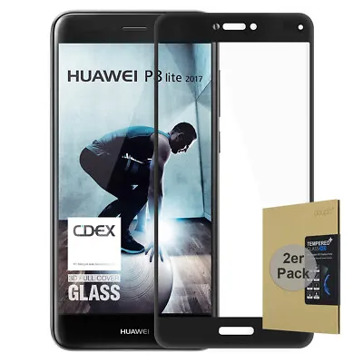 2x 9H Tempered Glass Huawei P8 Lite 2017 Display Protector Film Full Cover Black • £13.20