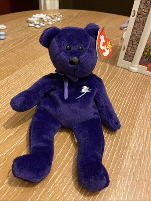£7.50 • Buy Ty Beanie Princess Bear Purple With Neck Ribbon & White Rose On Chest  Tagged