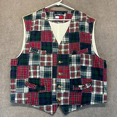 Tommy Hilfiger Patchwork Vest Men's Large Plaid Xmas Button Up Adjustable • $24.99