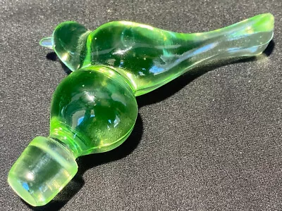 Green Vaseline Glass Bird Songbird Wine Bottle Perfume Stopper Uranium Imperial • $10.50