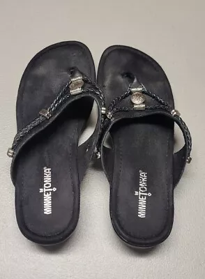 Minnetonka Womens Black Leather Thong Studded Sandals Size 8 Slip On Flat Casual • $24.99