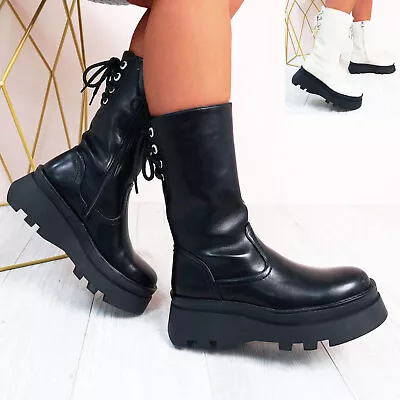 £30.99 • Buy Womens Ladies Mid Calf Platform Boots Flat Chunky Sole Lace Zip Women Shoes Size