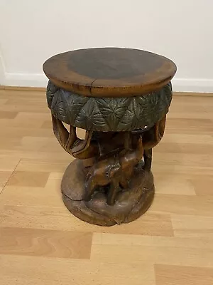 £125 • Buy Vintage Handmade Hand Carved Solid Wood Elephant & Tree Side Table Plant Stand